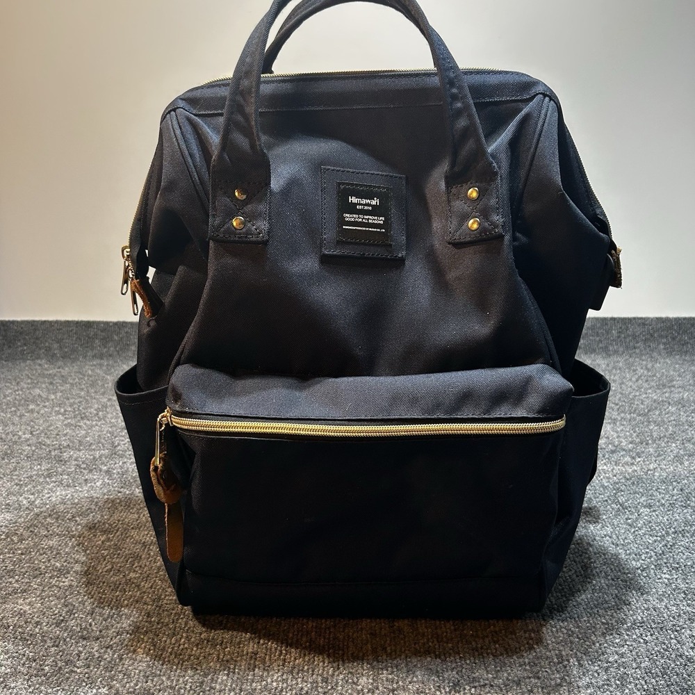 Himawari Laptop Bag Backpack Black Canvas Adjustable Back Straps Logo